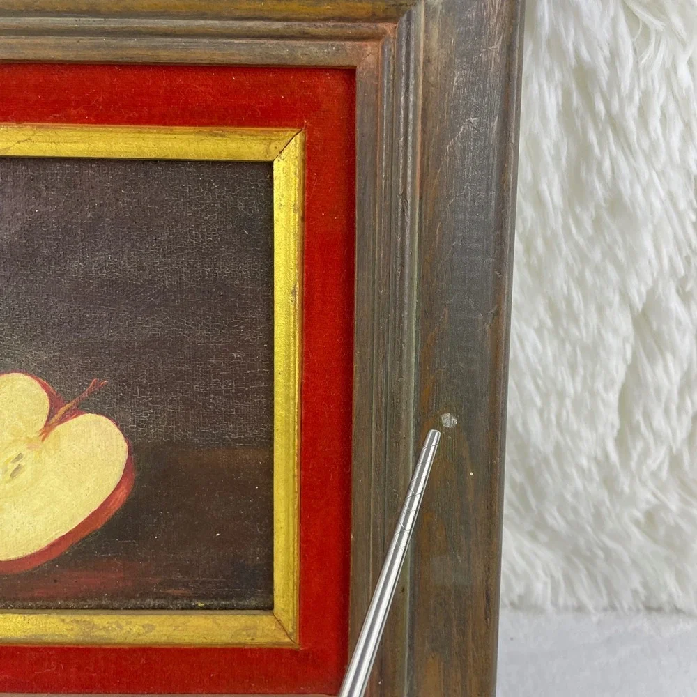 Antique French Still Life Oil Painting Red Apple Gold Frame Red Velvet Mat - Picture 2 of 16